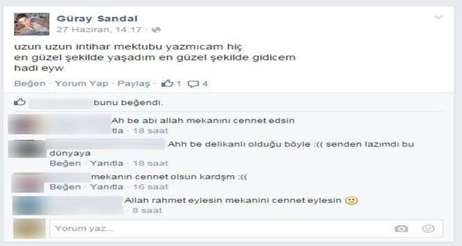 FACEBOOK'A ?NT?HAR NOTU BIRAKIP, KEND?N? ASTI KASTAMONU'DA KÜÇÜK YA?TAK? B?R KIZA TECAVÜZ ETT??? GEREKÇES?YLE SUÇLANAN 21 YA?INDAK? GENÇ, FACEBOOK SAYFASINA ?NT?HAR NOTU BIRAKARAK KEND?N? ASTI