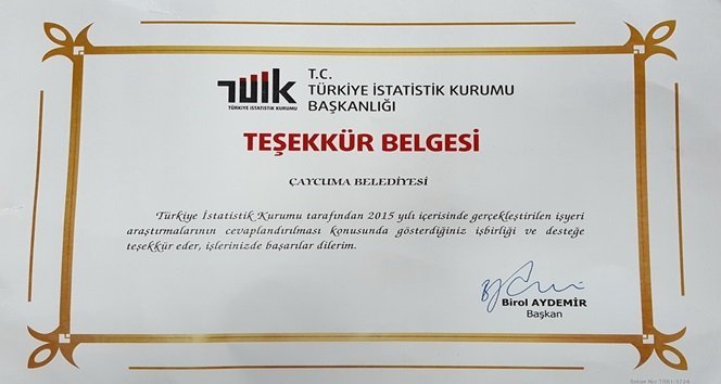 Çaycuma Belediyesi’ne TÜİK’ten teşekkür plaketi