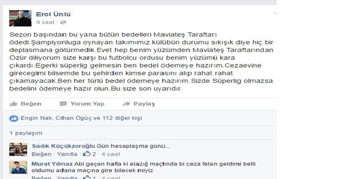 MAVİ ATEŞ TARAFTAR DERNEĞİ BAŞKANINDAN TEHDİT İÇERİKLİ PAYLAŞIM