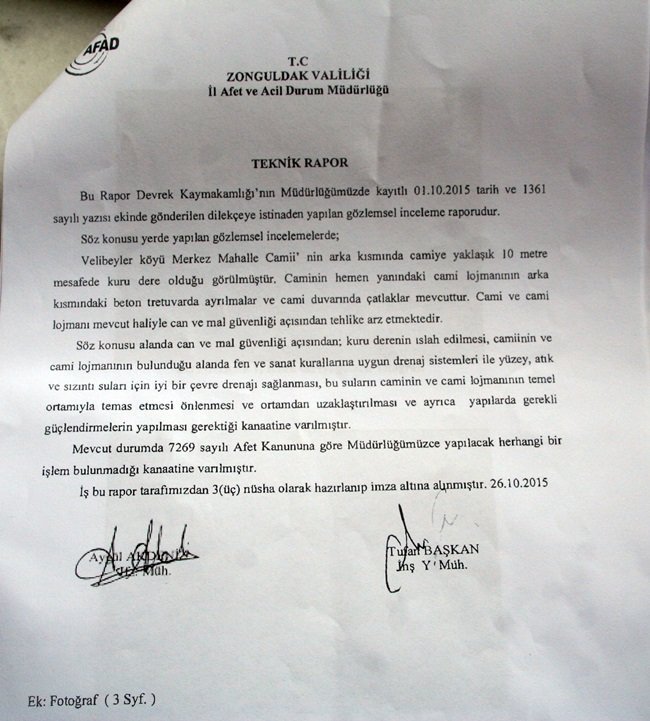 YETKİLERİN DÜZENLEDİĞİ RAPORDA CAMİNİN KULLANILMAYACAĞINI BELİRTEN TUTANAK . (FİKRİ ERDEM/ZONGULDAK-İHA)