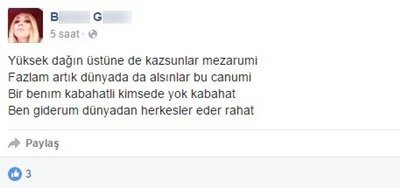 GENÇ KIZ, OLAYDAN YAKLAŞIK BEŞ SAAT ÖNCE SOSYAL PAYLAŞIM SİTESİNDEN YAPTIĞI PAYLAŞIMLA DİKKAT ÇEKTİ. (FİKRİ ERDEM/ZONGULDAK-İHA)
