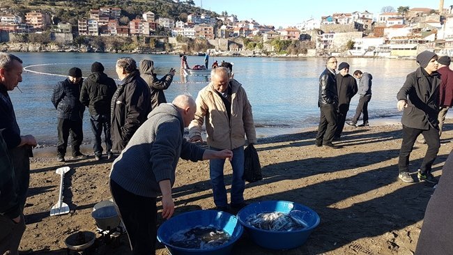 AMASRA'DA KARADENİZ AÇIKLARINDA YUNUSLARIN KOVALADIĞI KEFAL SÜRÜSÜ KÜÇÜK LİMANA SIĞINDI. DURUMU FARK EDEN BALIKÇILAR İSE AĞ İLE SARDIKLARI SÜRÜDEN YAKALADIKLARINI SAHİLDE SATIŞA ÇIKARDI. (HALİL TEKİN/BARTIN-İHA)