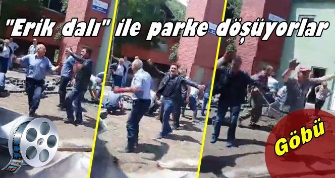 Parke taşını oyun havası eşliğinde döşüyorlar