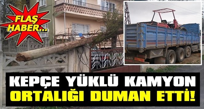 Kepçe yüklü kamyon telefon direklerini yıktı