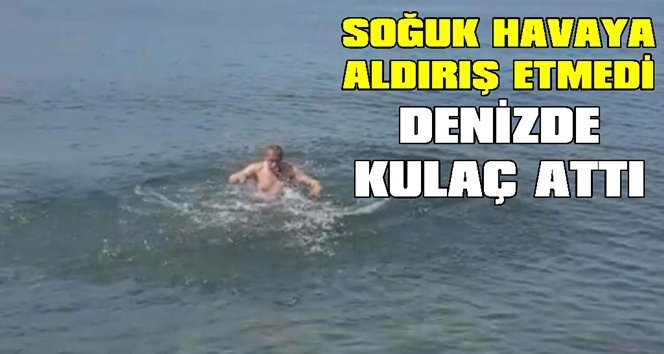 Soğuk havaya aldırış etmeden kulaç atıp yüzdü