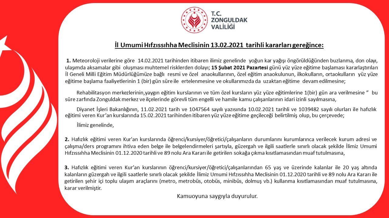 Zonguldak Valiliği'nden yüz yüze eğitime kar ertelemesi