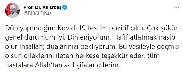  Diyanet İşleri Başkanı Erbaş koronavirüse yakalandı