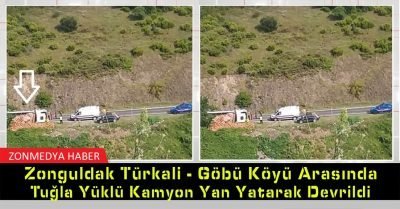 Zonguldak, Türkali – Göbü köyü arasında tuğla yüklü kamyon yan yatarak devrildi