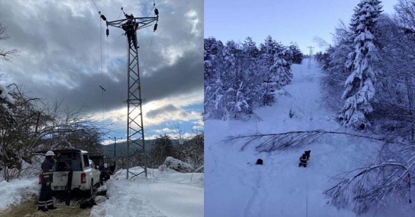 Zonguldak’ta  etkili kar yağışı nedeniyle enerji hatlarındaki arızalar onarılıyor.